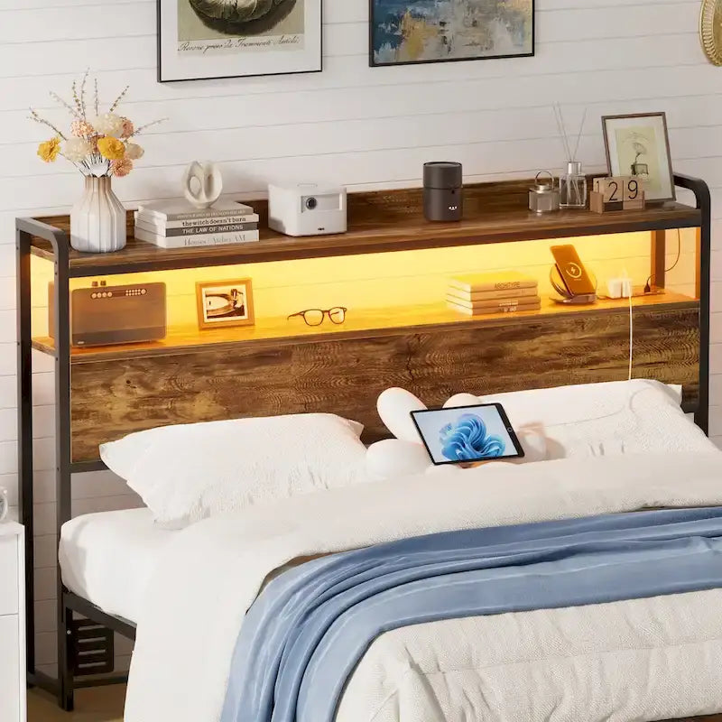 Headboard with Storage Drawers and LED Light, Head Board with Outlets, USB Ports