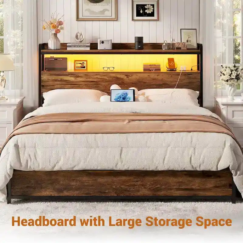 Headboard with Storage Drawers and LED Light, Head Board with Outlets, USB Ports