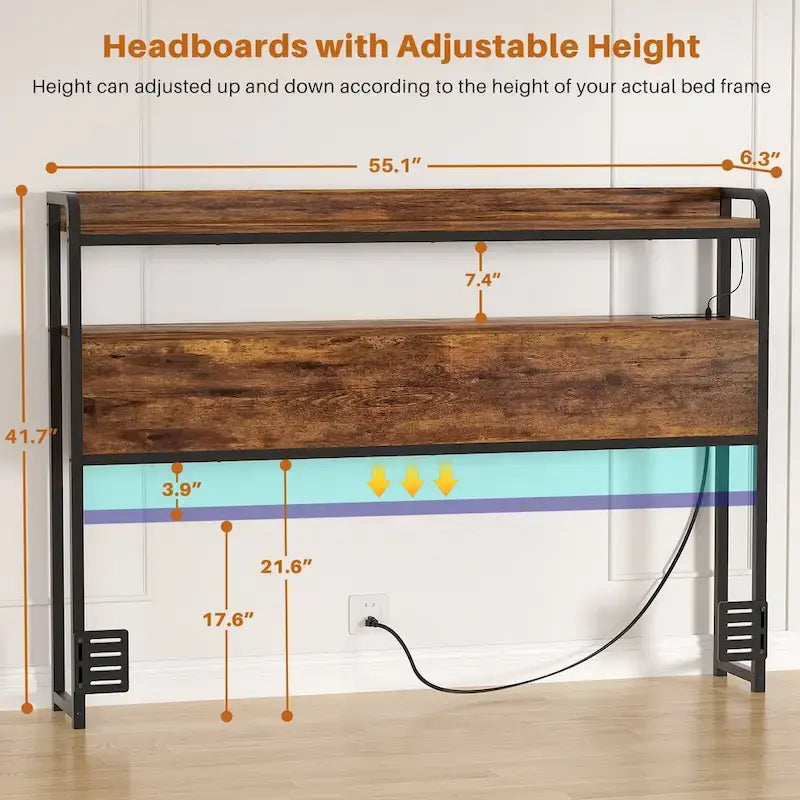 Headboard with Storage Drawers and LED Light, Head Board with Outlets, USB Ports