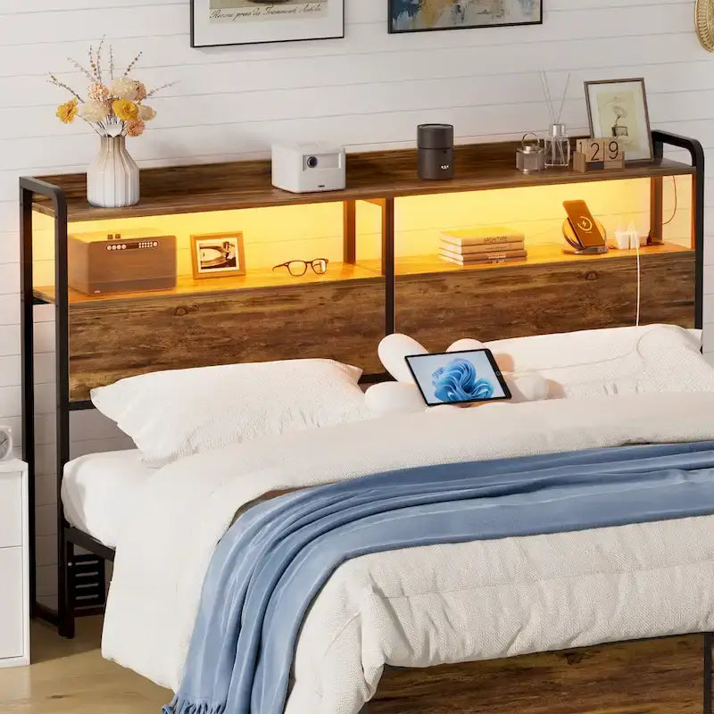 Headboard with Storage Drawers and LED Light, Head Board with Outlets, USB Ports