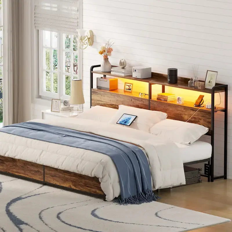 Headboard with Storage Drawers and LED Light, Head Board with Outlets, USB Ports
