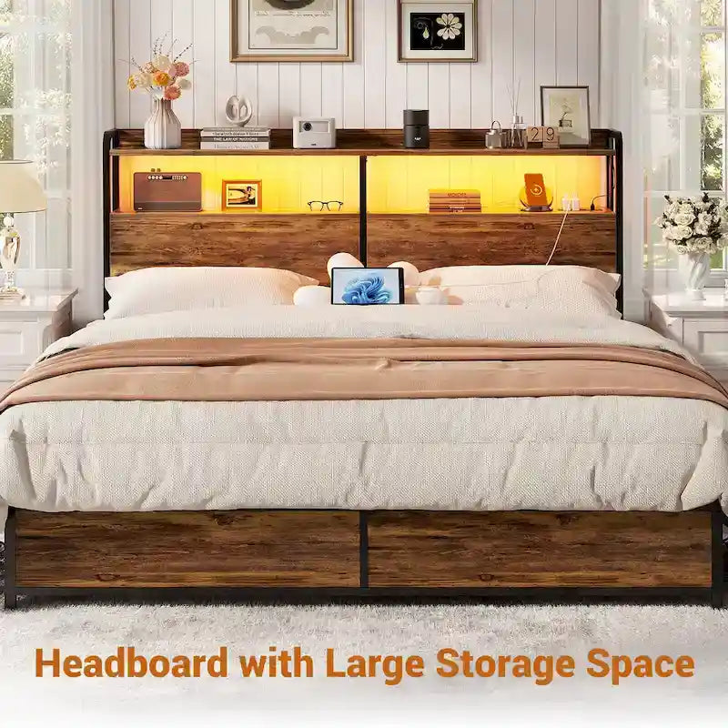 Headboard with Storage Drawers and LED Light, Head Board with Outlets, USB Ports
