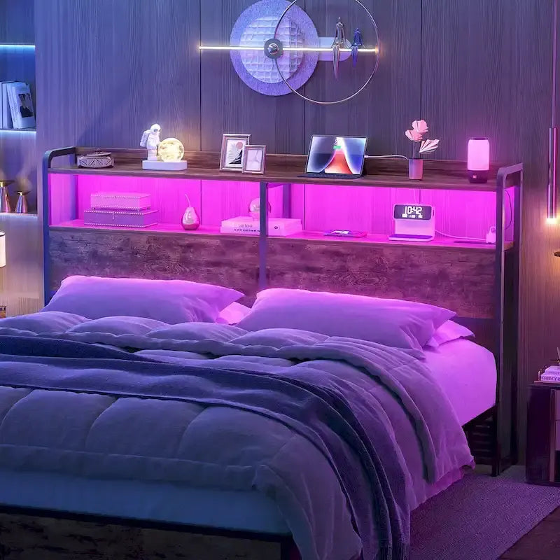 Headboard with Storage Drawers and LED Light, Head Board with Outlets, USB Ports