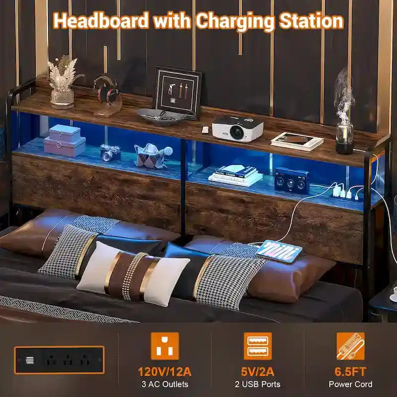 Headboard with Storage Drawers and LED Light, Head Board with Outlets, USB Ports