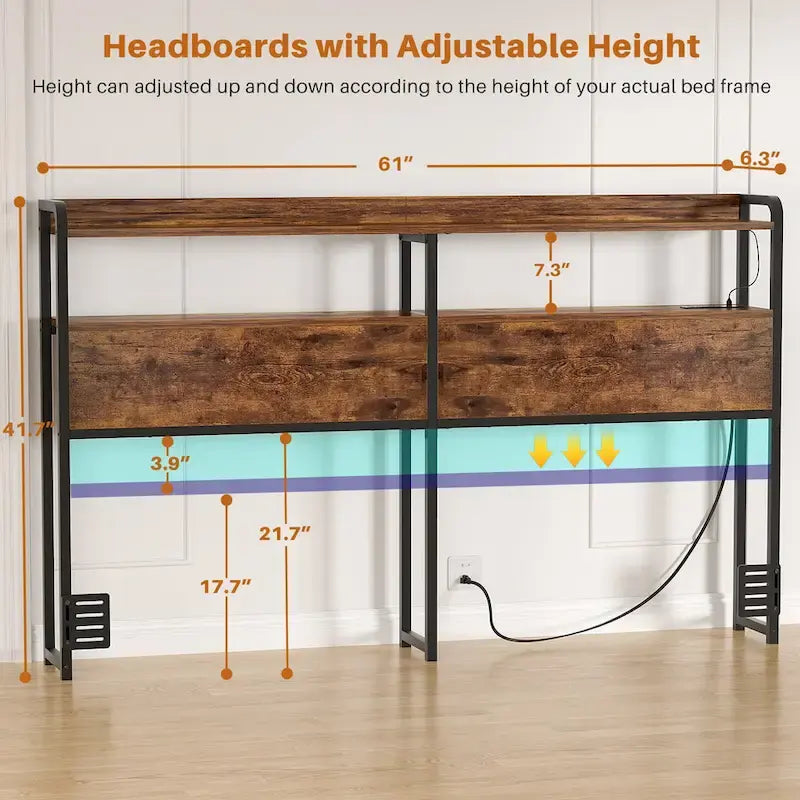 Headboard with Storage Drawers and LED Light, Head Board with Outlets, USB Ports