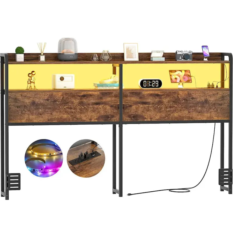 Headboard with Storage Drawers and LED Light, Head Board with Outlets, USB Ports