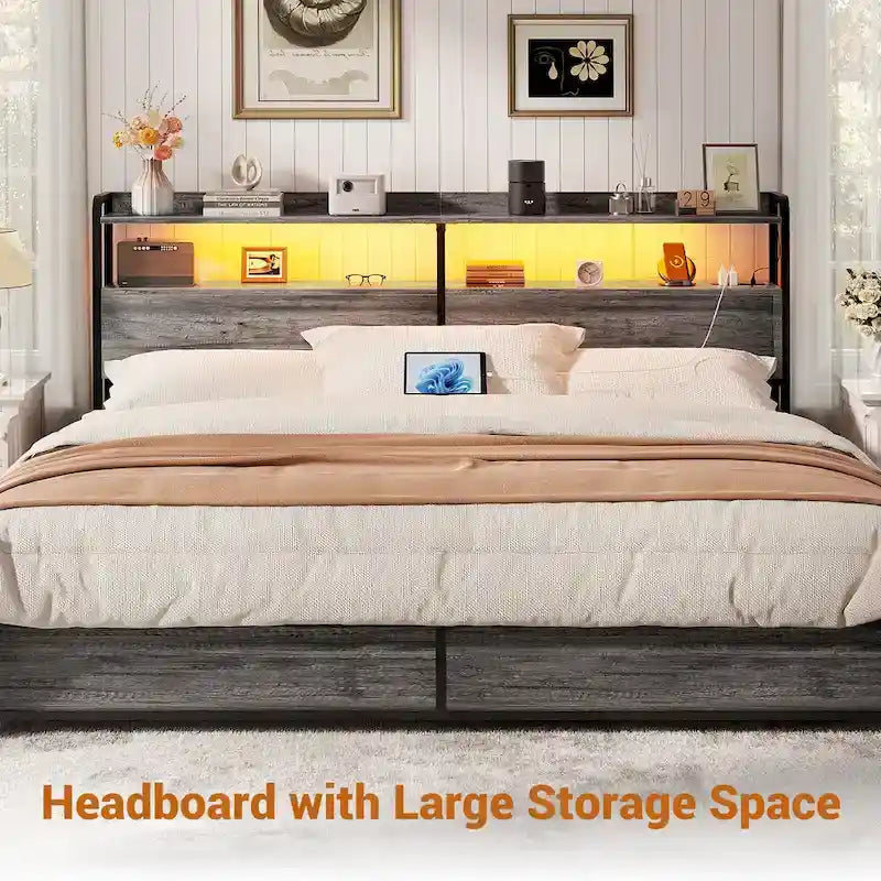 Headboard with Storage Drawers and LED Light, Head Board with Outlets, USB Ports