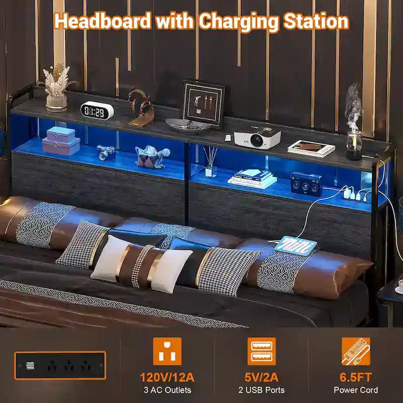 Headboard with Storage Drawers and LED Light, Head Board with Outlets, USB Ports