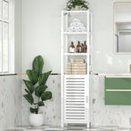 Bamboo Narrow Bathroom Storage Cabinet, 6-Tier 67 Inch Tall Floor Standing Tower with Shutter Door and Open Shelves