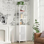 Bamboo Narrow Bathroom Storage Cabinet, 6-Tier 67 Inch Tall Floor Standing Tower with Shutter Door and Open Shelves