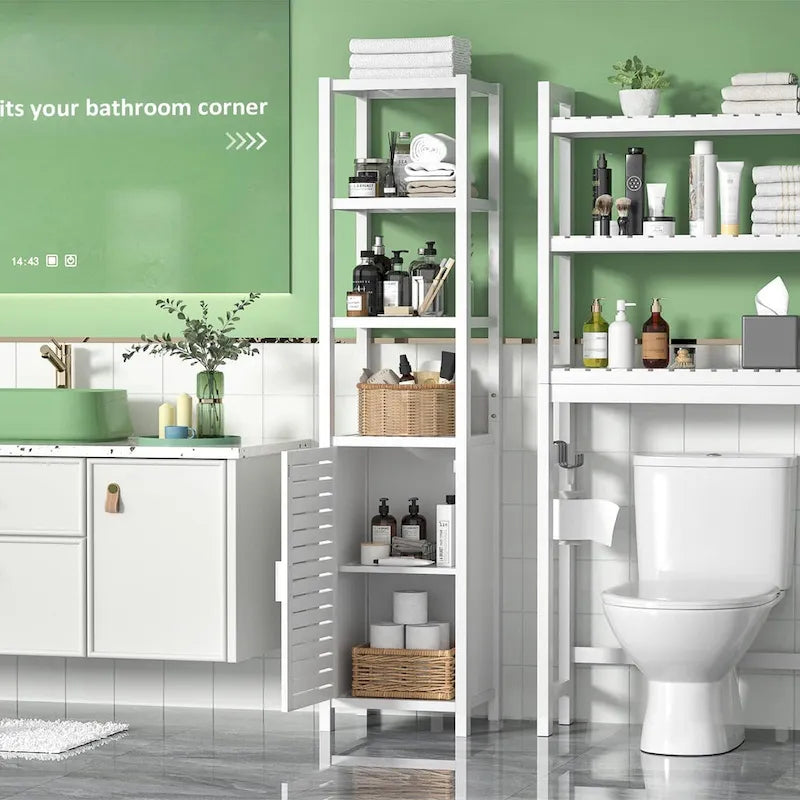 Bamboo Narrow Bathroom Storage Cabinet, 6-Tier 67 Inch Tall Floor Standing Tower with Shutter Door and Open Shelves