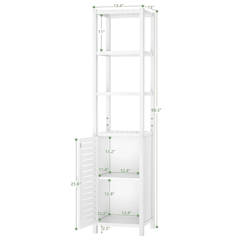 Bamboo Narrow Bathroom Storage Cabinet, 6-Tier 67 Inch Tall Floor Standing Tower with Shutter Door and Open Shelves