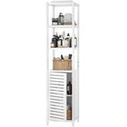 Bamboo Narrow Bathroom Storage Cabinet, 6-Tier 67 Inch Tall Floor Standing Tower with Shutter Door and Open Shelves