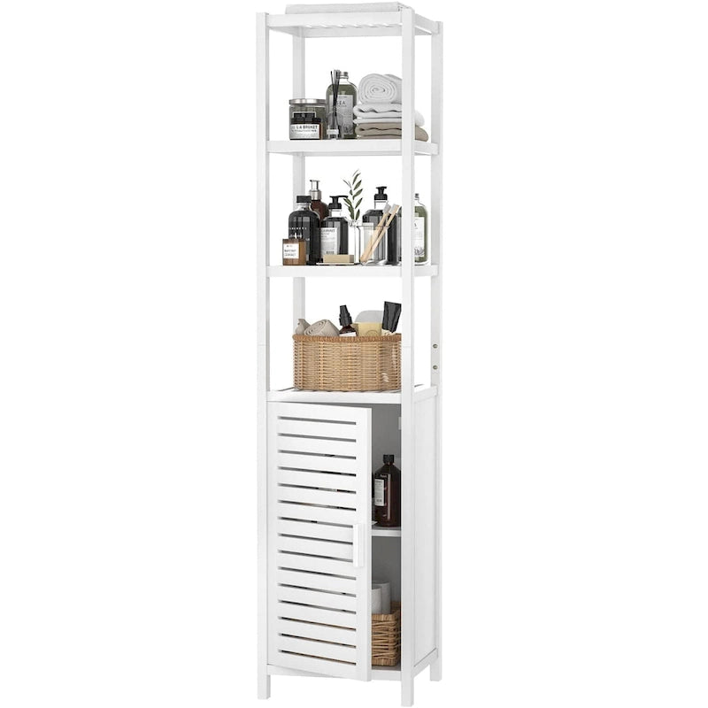 Bamboo Narrow Bathroom Storage Cabinet, 6-Tier 67 Inch Tall Floor Standing Tower with Shutter Door and Open Shelves
