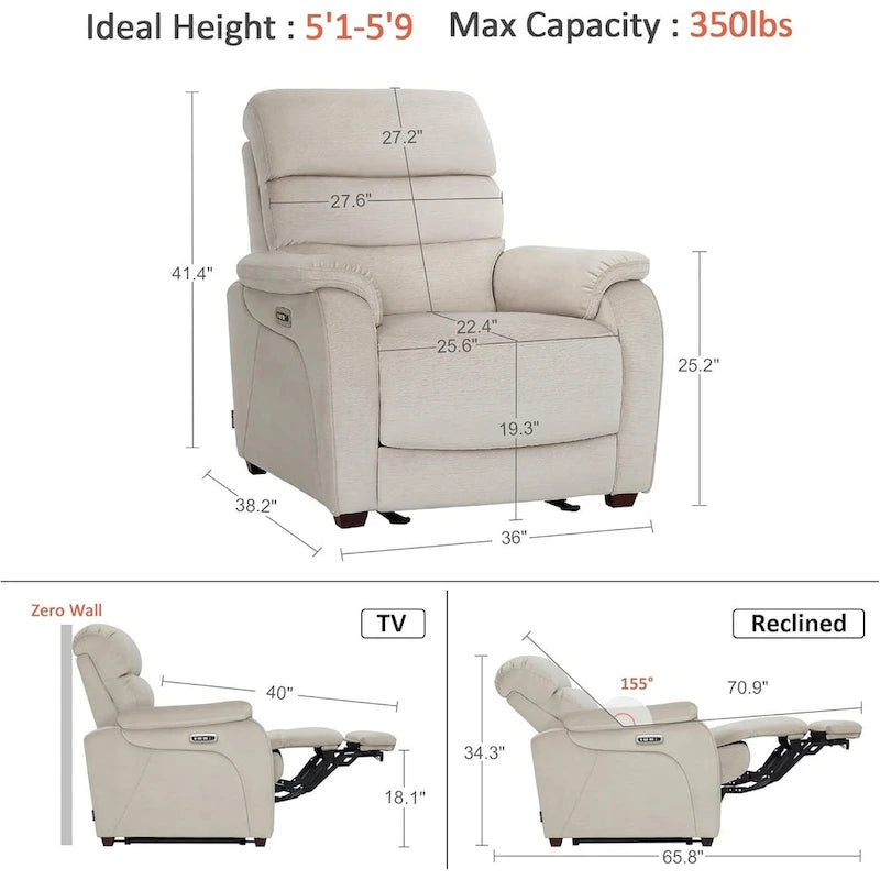 MCombo Zero Wall-Hugger Power Recliner Chair with Adjustable Headrest, Perfect for Small Spaces and RV, Fabric ST257