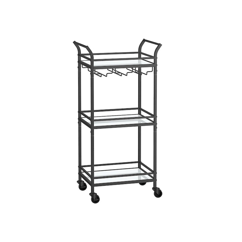 3 Tier Modern Compact Bar Cart with Mirrored Shelves Lockable Casters and Wine Glass Storage Rack - 11.8D x 18.4W x 36.2H