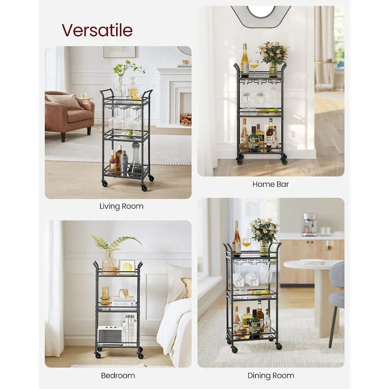 3 Tier Modern Compact Bar Cart with Mirrored Shelves Lockable Casters and Wine Glass Storage Rack - 11.8D x 18.4W x 36.2H