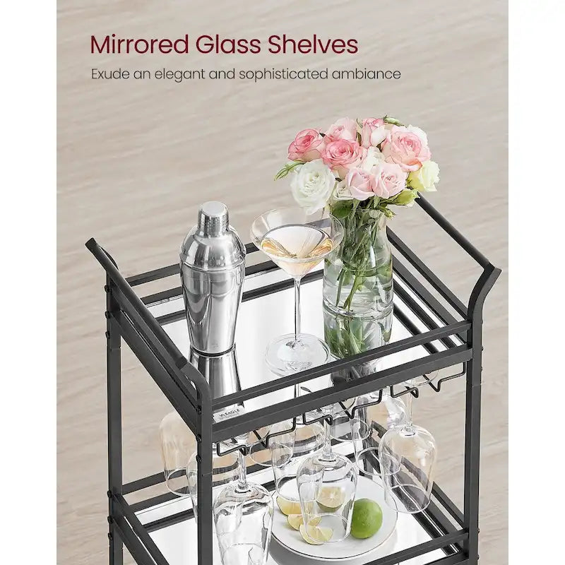 3 Tier Modern Compact Bar Cart with Mirrored Shelves Lockable Casters and Wine Glass Storage Rack - 11.8D x 18.4W x 36.2H