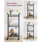 3 Tier Modern Compact Bar Cart with Mirrored Shelves Lockable Casters and Wine Glass Storage Rack - 11.8D x 18.4W x 36.2H