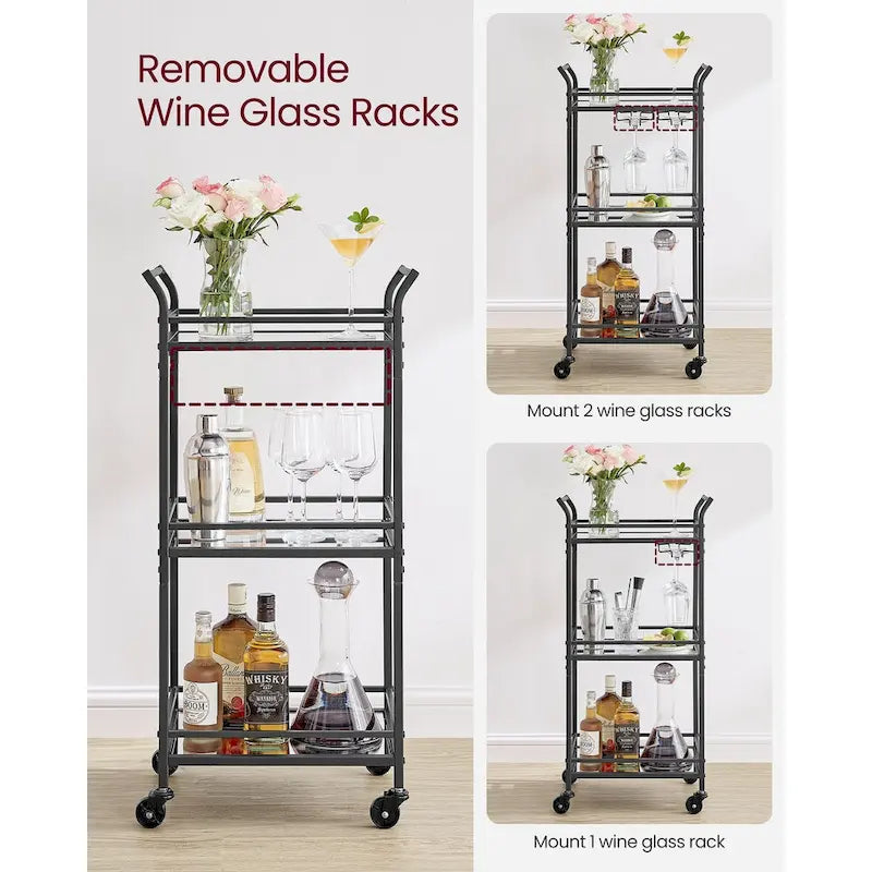 3 Tier Modern Compact Bar Cart with Mirrored Shelves Lockable Casters and Wine Glass Storage Rack - 11.8D x 18.4W x 36.2H