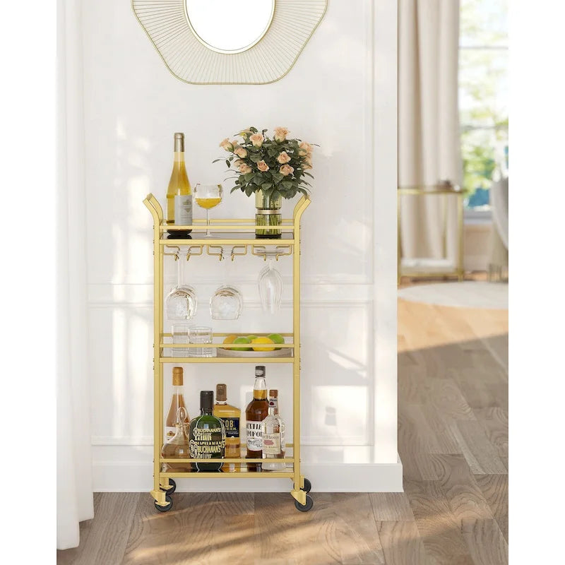 3 Tier Modern Compact Bar Cart with Mirrored Shelves Lockable Casters and Wine Glass Storage Rack - 11.8D x 18.4W x 36.2H