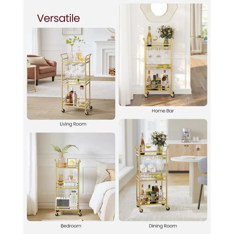 3 Tier Modern Compact Bar Cart with Mirrored Shelves Lockable Casters and Wine Glass Storage Rack - 11.8D x 18.4W x 36.2H