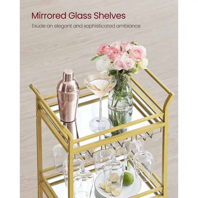 3 Tier Modern Compact Bar Cart with Mirrored Shelves Lockable Casters and Wine Glass Storage Rack - 11.8D x 18.4W x 36.2H