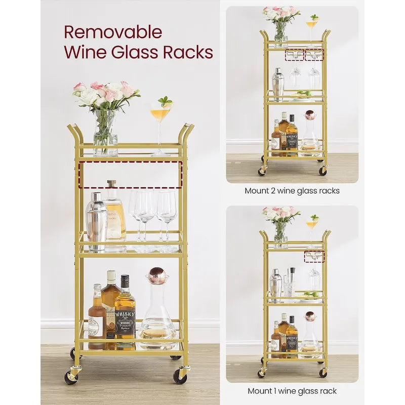 3 Tier Modern Compact Bar Cart with Mirrored Shelves Lockable Casters and Wine Glass Storage Rack - 11.8D x 18.4W x 36.2H