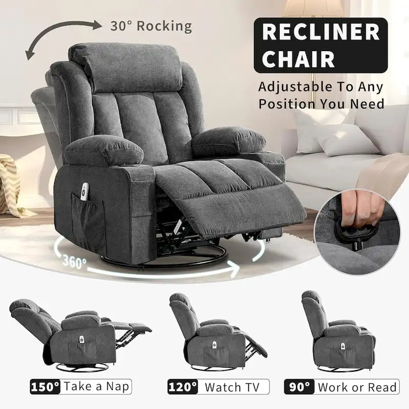 Recliner Chair, Rocking Chairs with Massage and Heat, Side Pockets and Cup Holder