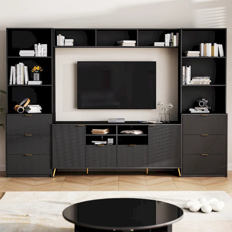 Large Entertainment Wall Unit w/ Large Storage Wall Mounted TV Stand w/ Open Bookshelf Media Cabinet for TVs Up to 70