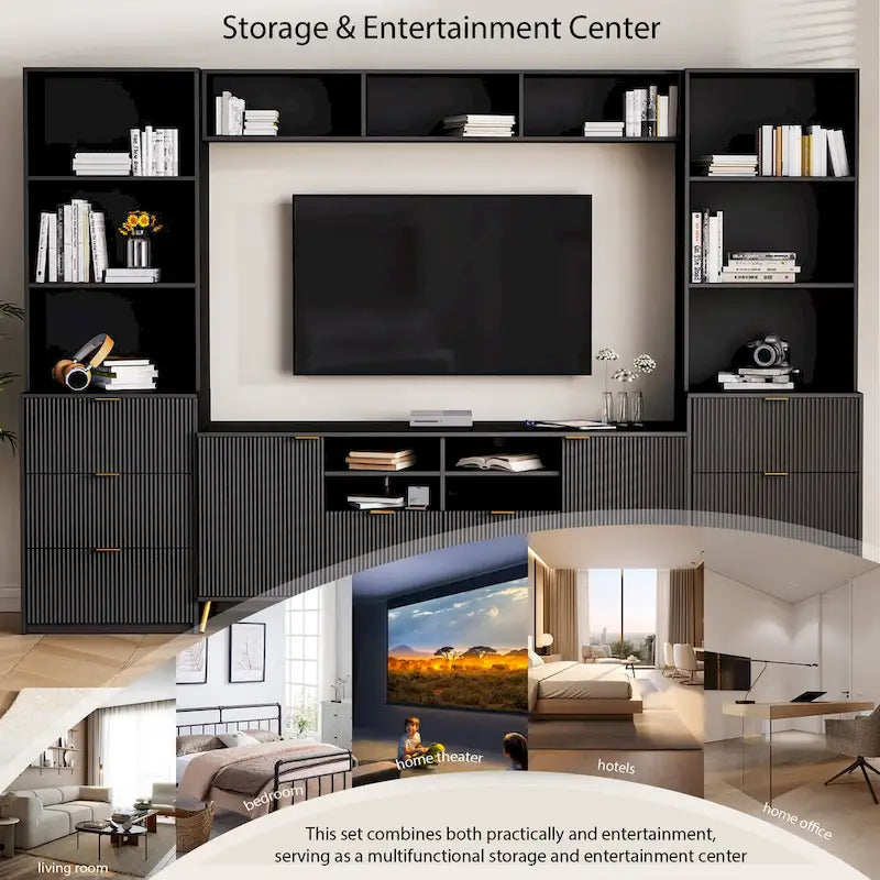 Large Entertainment Wall Unit w/ Large Storage Wall Mounted TV Stand w/ Open Bookshelf Media Cabinet for TVs Up to 70
