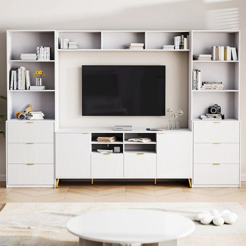 Large Entertainment Wall Unit w/ Large Storage Wall Mounted TV Stand w/ Open Bookshelf Media Cabinet for TVs Up to 70