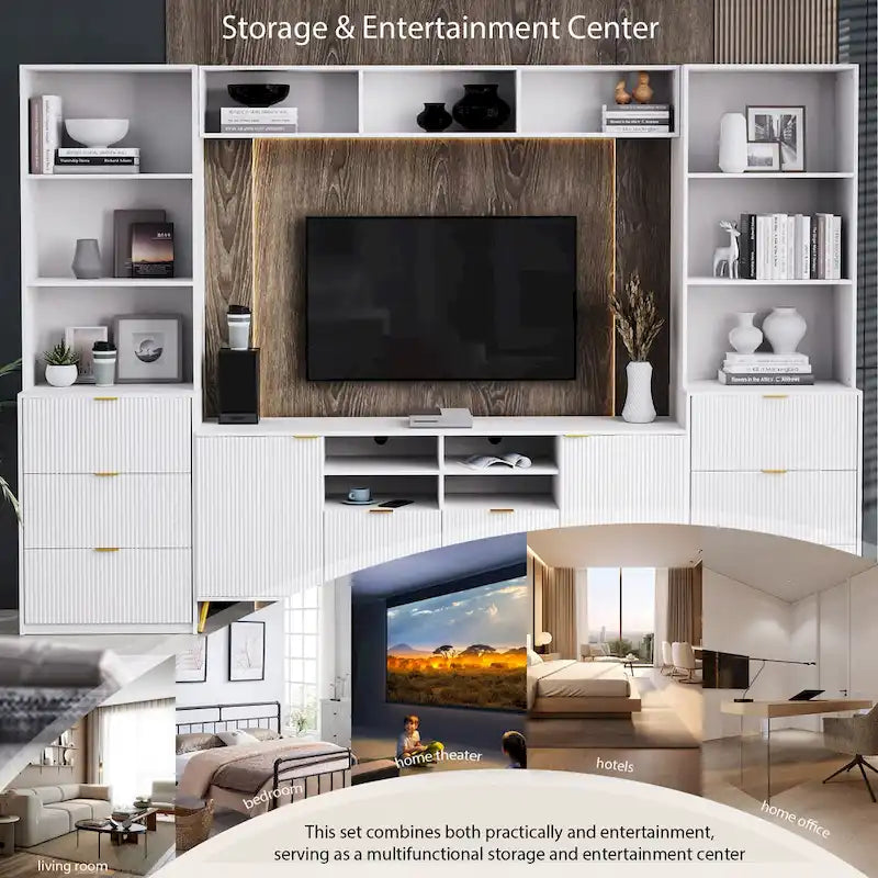 Large Entertainment Wall Unit w/ Large Storage Wall Mounted TV Stand w/ Open Bookshelf Media Cabinet for TVs Up to 70