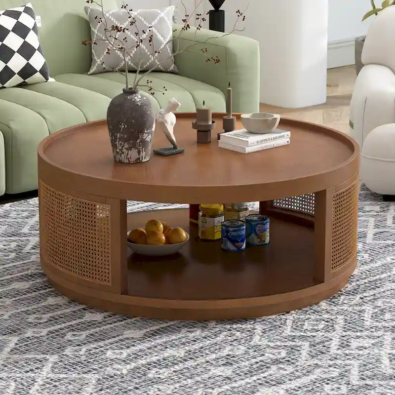 36.8 Wooden Mid-Century Modern Coffee Table, Round Cane Coffee Table with PE Rattan Side