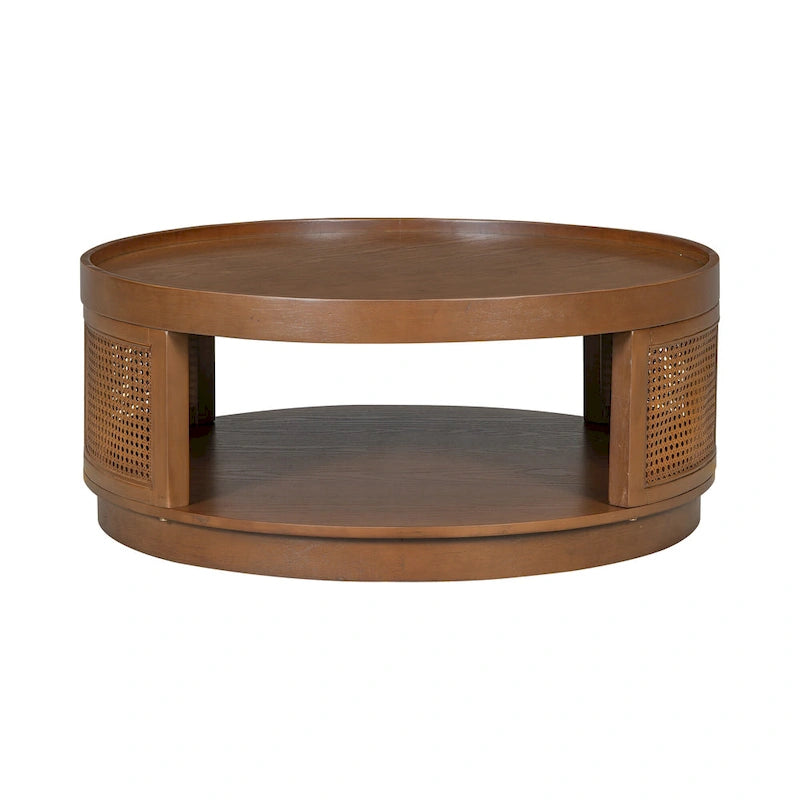 36.8 Wooden Mid-Century Modern Coffee Table, Round Cane Coffee Table with PE Rattan Side