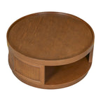 36.8 Wooden Mid-Century Modern Coffee Table, Round Cane Coffee Table with PE Rattan Side