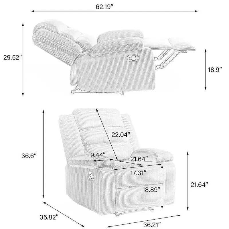 Modern 36 W Cotton/ Corduroy Push Back Manual Recliner Chair