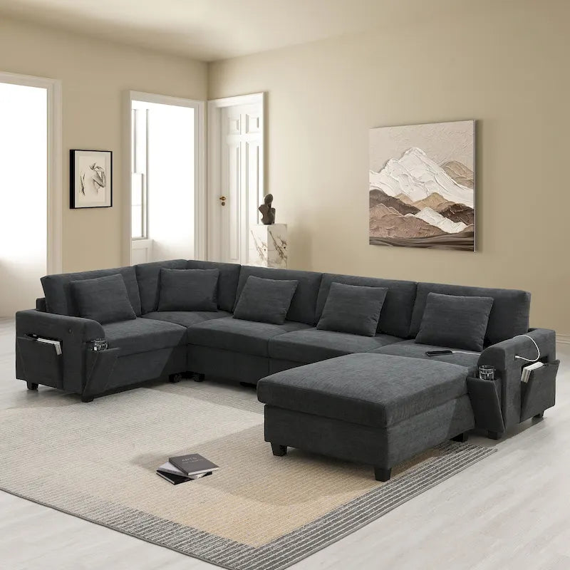 128 Chenille U-Shaped Sectional Sofa with Storage & USB