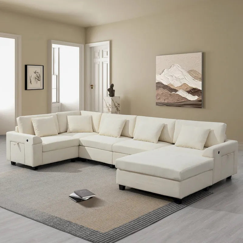 128 Chenille U-Shaped Sectional Sofa with Storage & USB