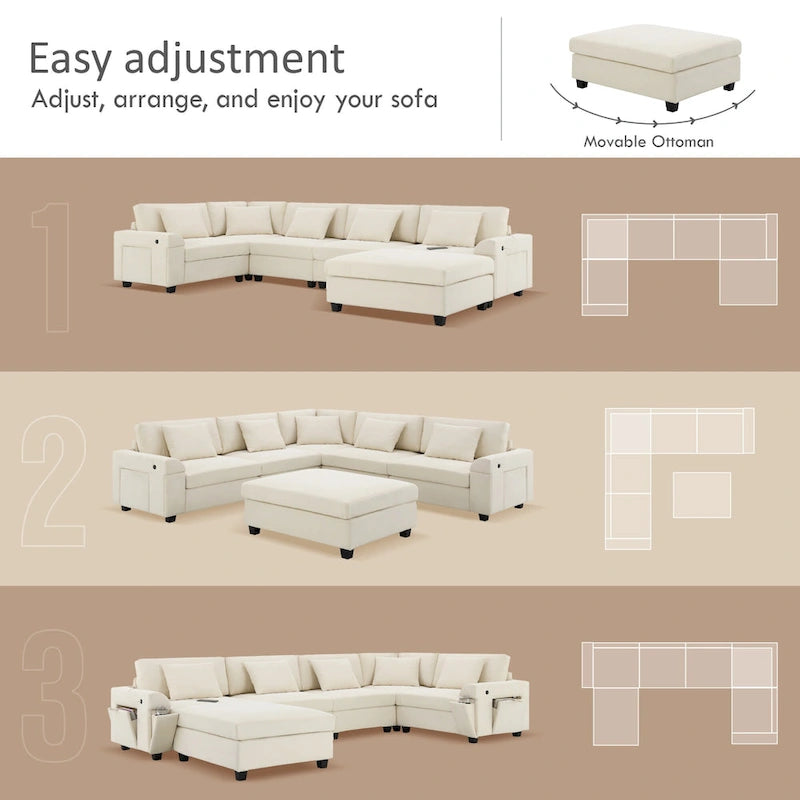 128 Chenille U-Shaped Sectional Sofa with Storage & USB