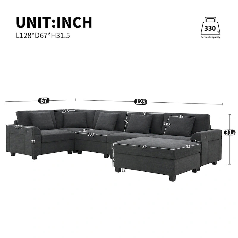 128 Chenille U-Shaped Sectional Sofa with Storage & USB