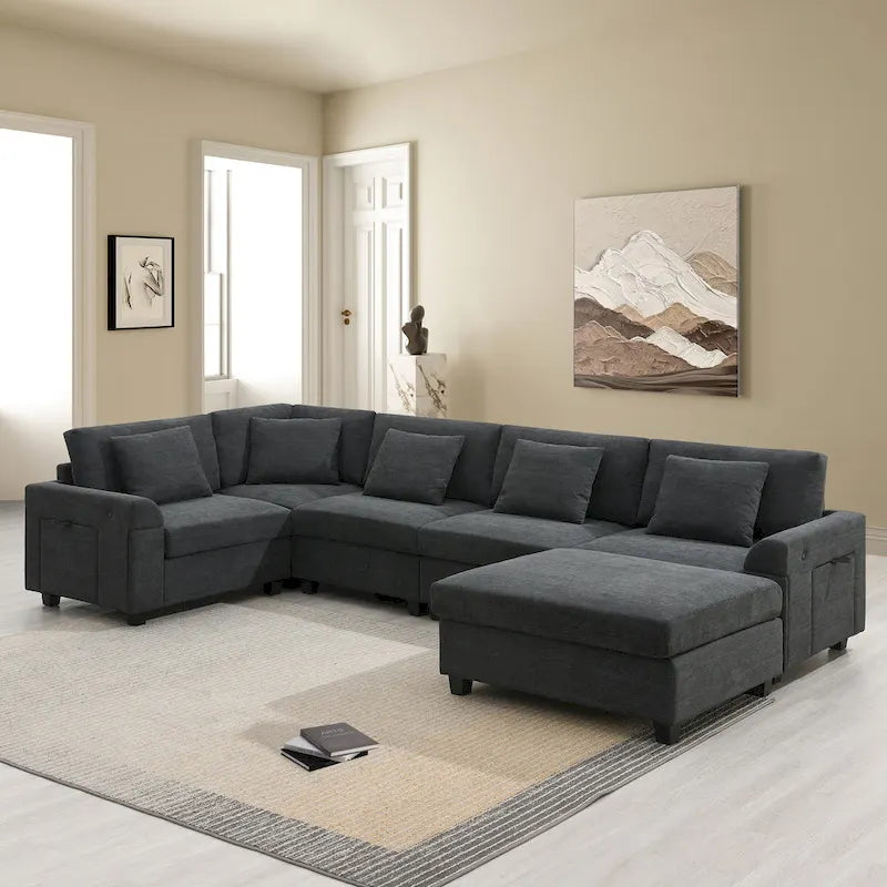 128 Chenille U-Shaped Sectional Sofa with Storage & USB