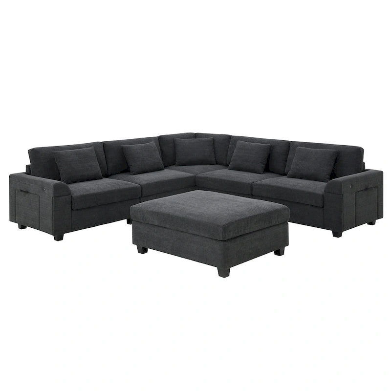 128 Chenille U-Shaped Sectional Sofa with Storage & USB