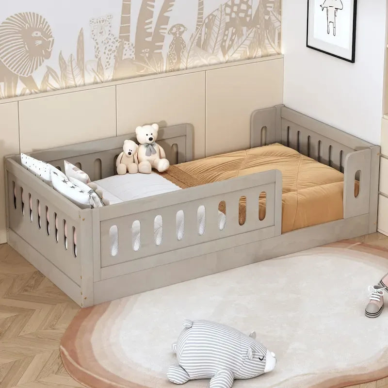 Modern Design Twin Size Wooden Platform Bed with Guardrail for Bedroom