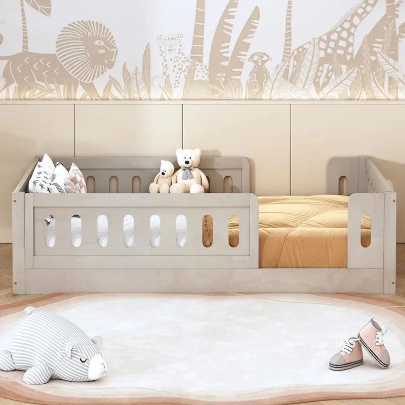 Modern Design Twin Size Wooden Platform Bed with Guardrail for Bedroom