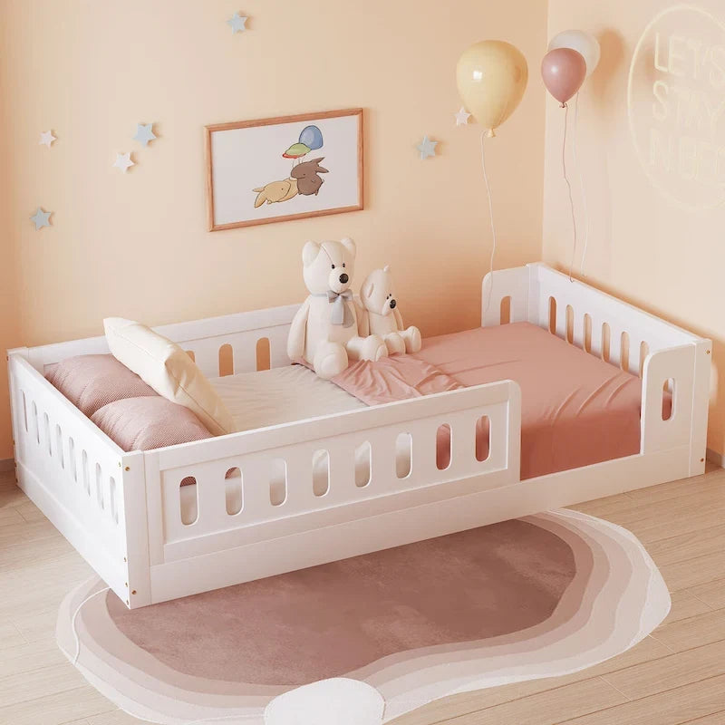 Modern Design Twin Size Wooden Platform Bed with Guardrail for Bedroom