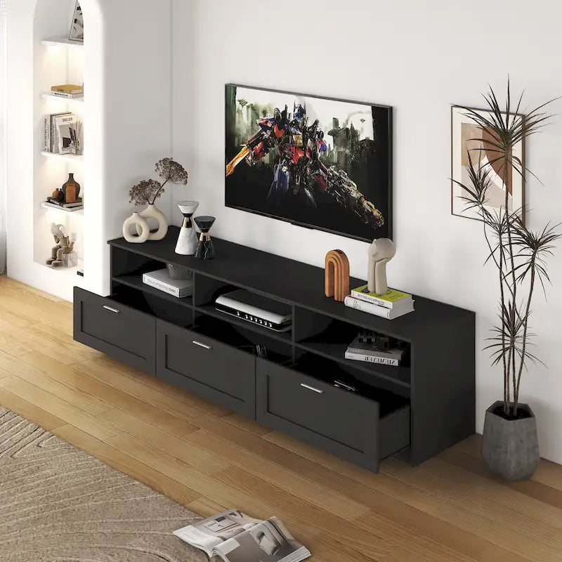 Black 70 TV Stand with Open Storage & Drawers for Living Room