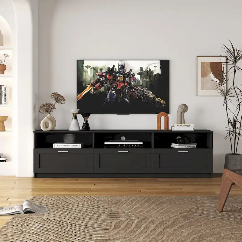 Black 70 TV Stand with Open Storage & Drawers for Living Room