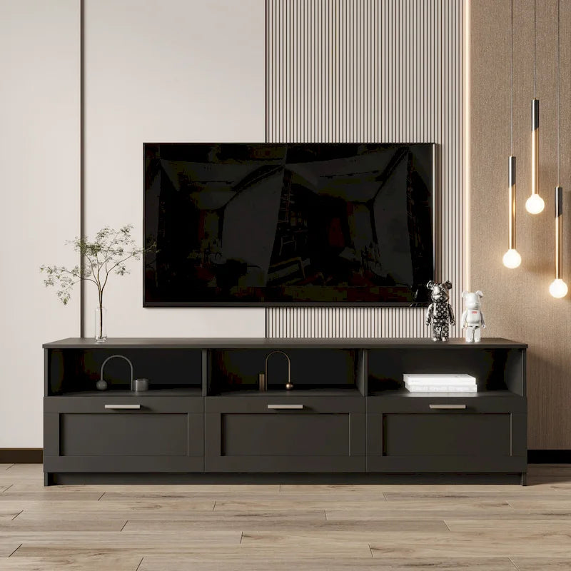 Black 70 TV Stand with Open Storage & Drawers for Living Room