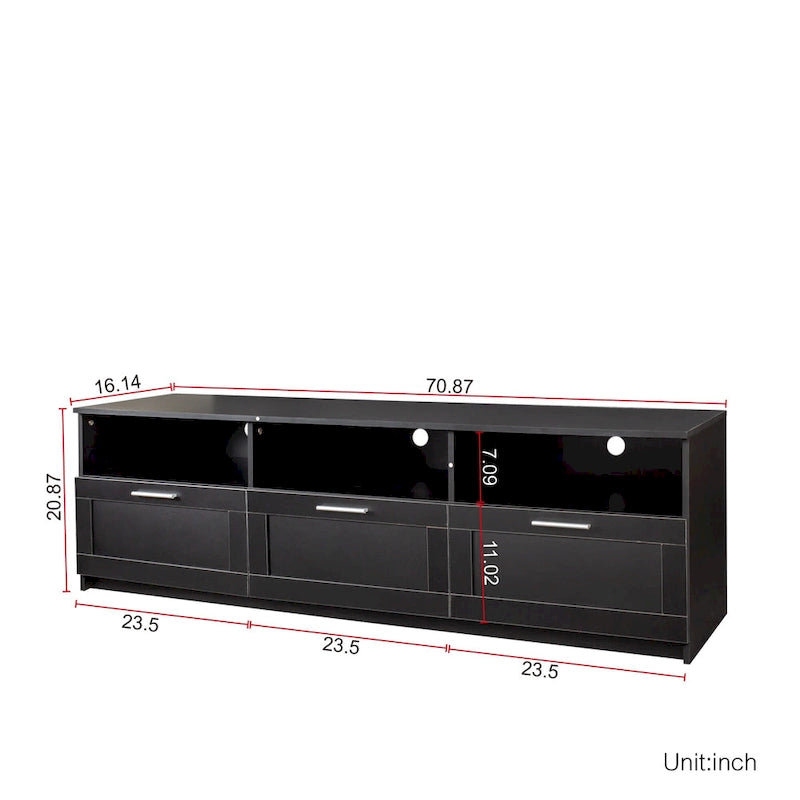 Black 70 TV Stand with Open Storage & Drawers for Living Room